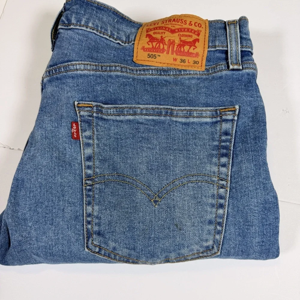 Levi's 505 Jeans Mens 36x30 Blue Denim Faded Stretch Red Tab Boho Straight Leg